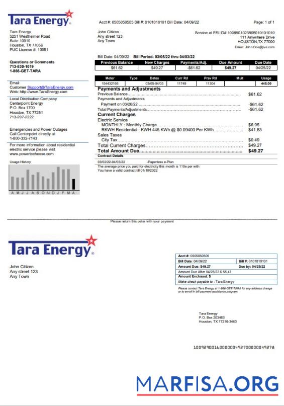 Realistic USA Texas Tara Energy utility bill template in Word and PDF format